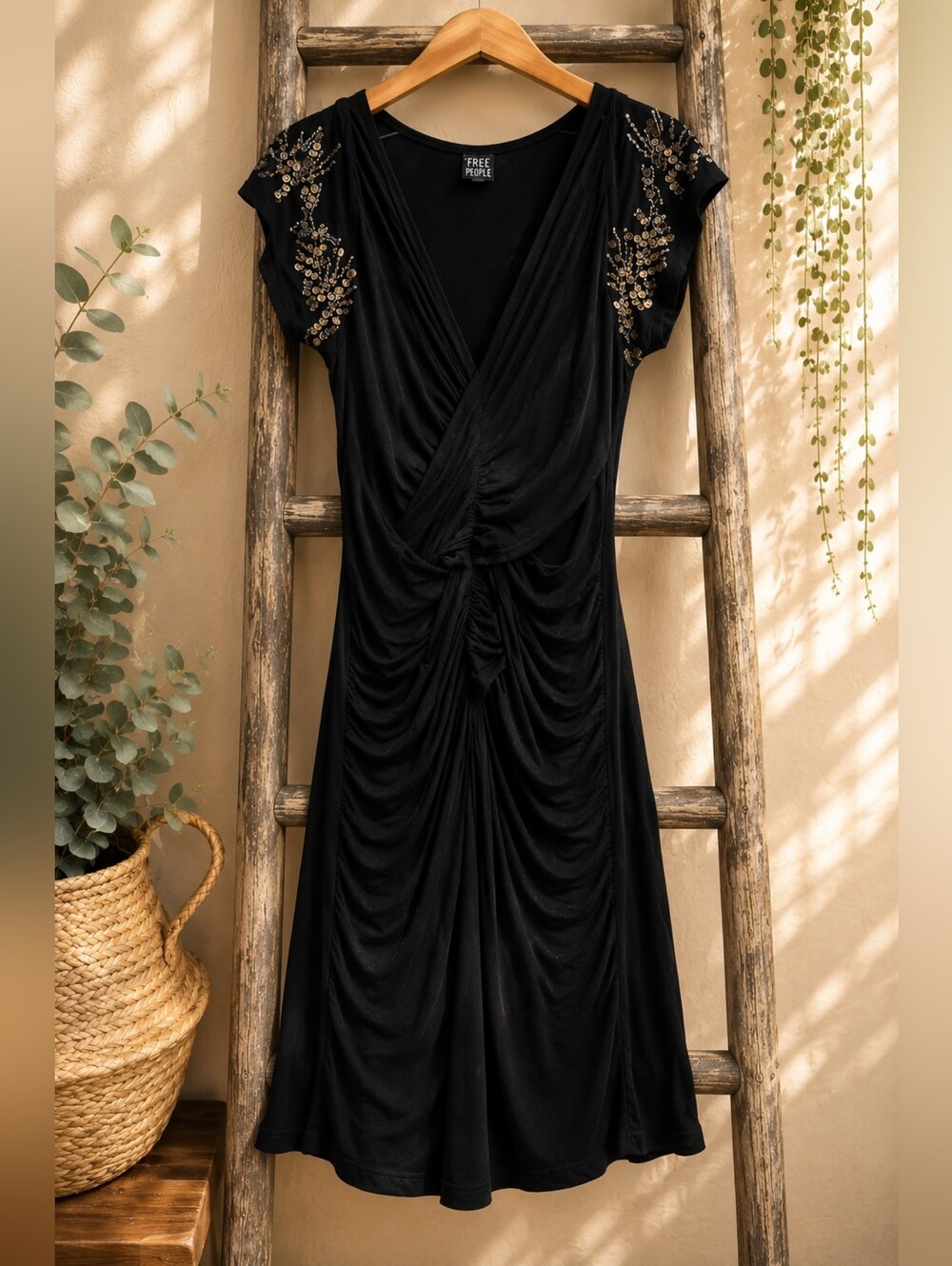 Free People Black Ruched Sequin Sleeve Dress Small Little Black Dress